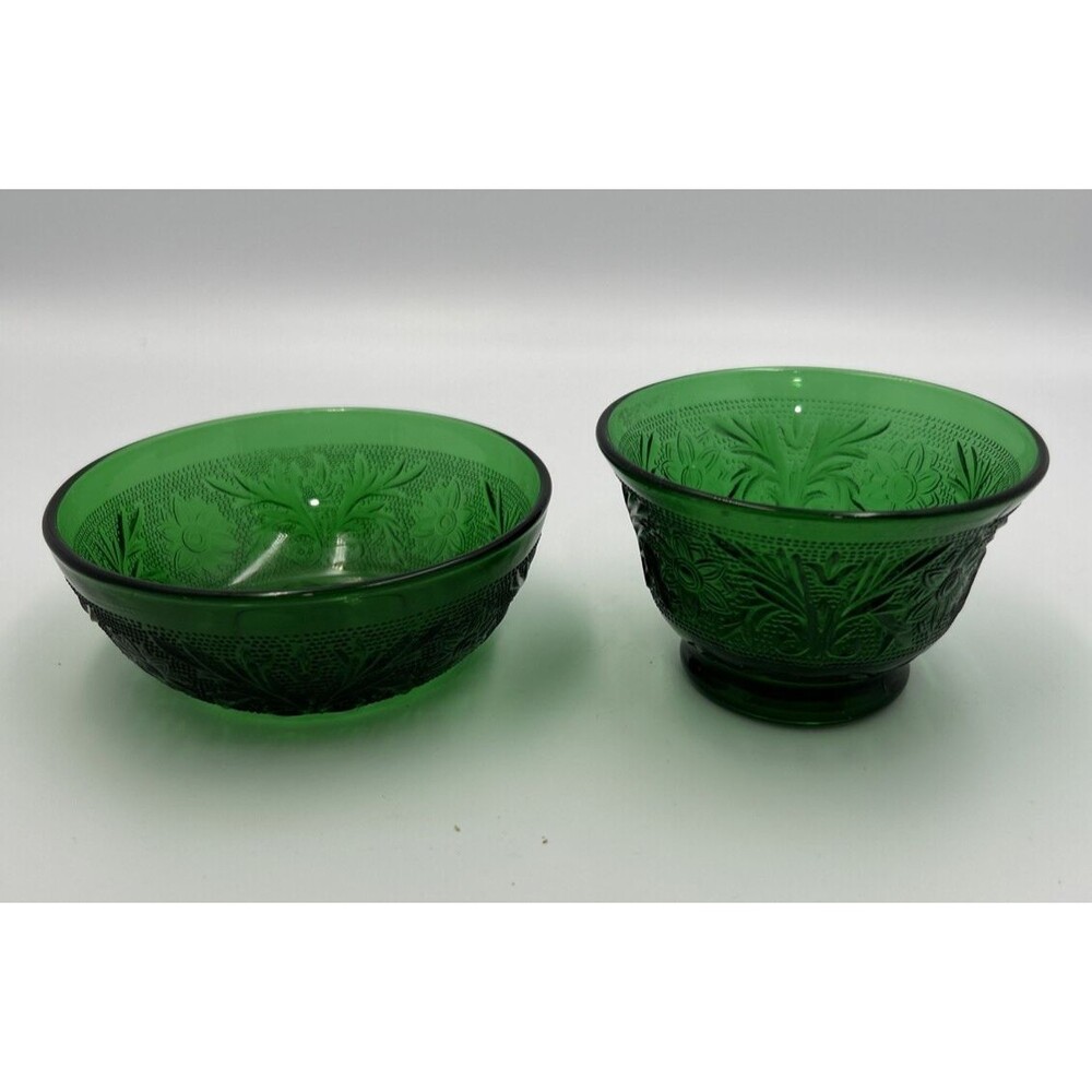 Vintage Emerald Green Pressed Glass Berry Dessert Bowls Floral Set of 2